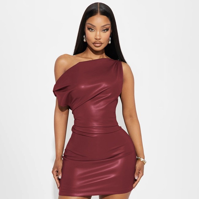 Slash Shoulder Chic PU Leather Nightclub Bodycon Dress