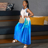 Plus Size Print Blue Sleeveless Slim Waist Maxi Dress