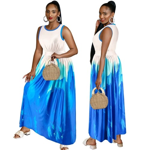Plus Size Print Blue Sleeveless Slim Waist Maxi Dress