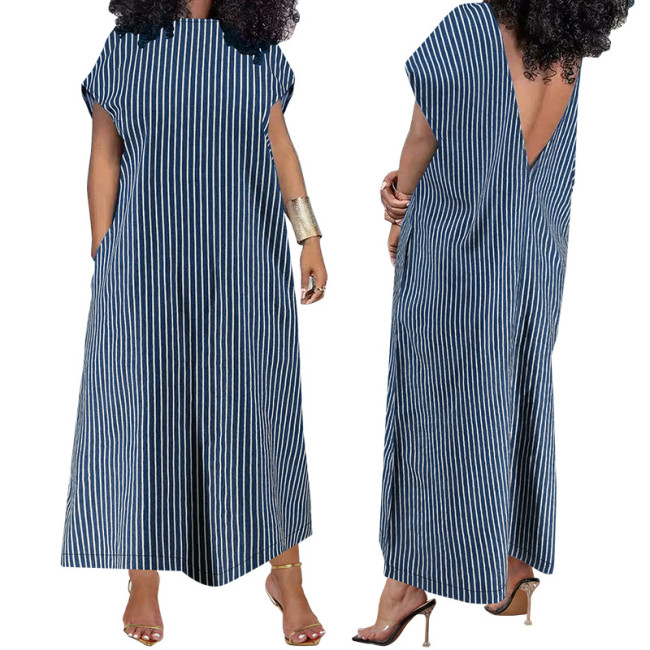 Plus Size Denim Dress Loose Sleeveless Striped Maxi Dress