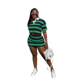Fashion Two Piece Set Striped Contrast Color Turn Down Collar Crop Top and Bodycon Skirt