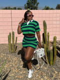 Fashion Two Piece Set Striped Contrast Color Turn Down Collar Crop Top and Bodycon Skirt
