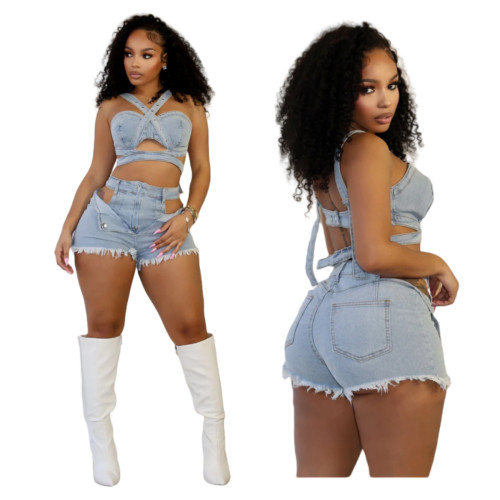 Denim Crop Top and Shorts Set Stretchy Hollow Suspender Two Piece Set