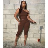 Slash Shoudler Tie Casual Solid Two Piece Set Top and Shorts