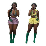 Printed Two Piece Set V-Neck Crop Top Ruffle Shorts
