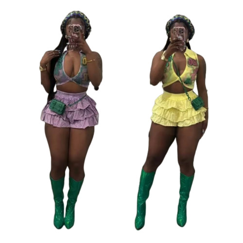 Printed Two Piece Set V-Neck Crop Top Ruffle Shorts