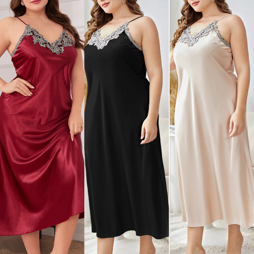 Plus Size Sexy Lace Trim V-Neck Cami Nightgown