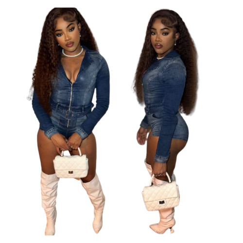 Zipper Denim Rompers Long Sleeve Belted Fashion Rompers