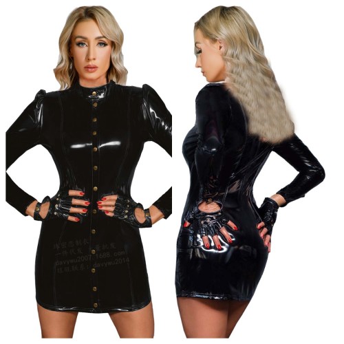 Patented PU Sexy Lingerie Button Bodycon Club Dress