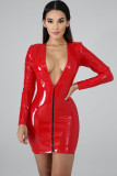 Patent PU Leather Long Sleeve Bodycon Dress Stretchy Zipper Deep-V Faux Leather Dress