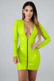 Patent PU Leather Long Sleeve Bodycon Dress Stretchy Zipper Deep-V Faux Leather Dress