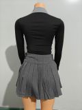 Two Piece Striped Contrast Shirt Top and Pleated Skirt Set