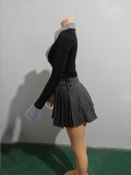Two Piece Striped Contrast Shirt Top and Pleated Skirt Set