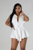 Solid Sleeveless Slim Waist Turndown Collar Wide-Leg Rompers Playsuit