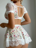 Sexy Lace Mesh See-through Floral Print Sexy Three-piece Lingerie