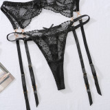 Embroidered Sheer Lace Bra & Panty Steel Ring 3-Piece Set