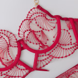 Embroidered Sheer Lace Bra & Panty Steel Ring 3-Piece Set