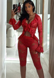 Sexy Solid Hollow See Through Lace Two-Piece Shorts Set