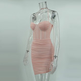 Halter Mesh Fishbone Ruched Bodycon Club Dress