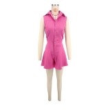 Solid Sleeveless Slim Waist Turndown Collar Wide-Leg Rompers Playsuit