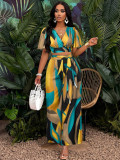 Tropical Print 2PCS Set Shirred Flutter Sleeve Crop Top and Lace-up Wide-leg Pants