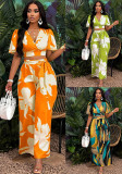 Tropical Print 2PCS Set Shirred Flutter Sleeve Crop Top and Lace-up Wide-leg Pants