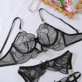 Embroidered Sheer Lace Bra & Panty Steel Ring 3-Piece Set