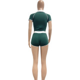Casual Sports Contrast V-Neck Yoga Two Piece Shorts Set