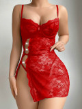 Erotic Lingerie Sexy See Through Lace Hollow Slit Cami Nightdress
