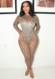 Long Sleeve Sexy See-Through Leopard Print Jumpsuit