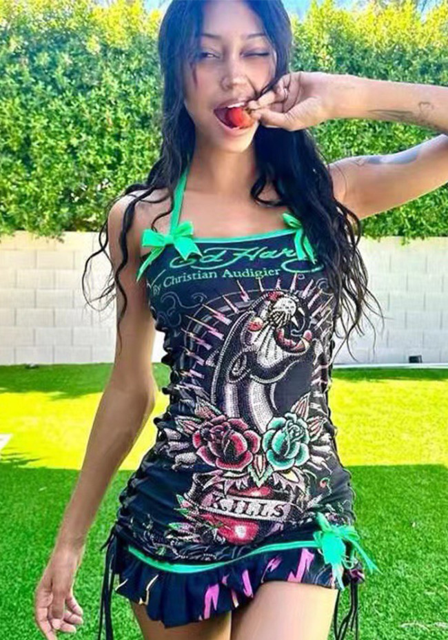Retro Print Halter Drawstring Lace-up Dress