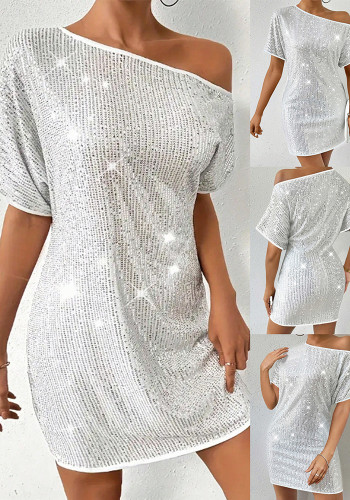 Silver Slash Shoulder Sequin Party Mini Dress
