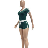 Casual Sports Contrast V-Neck Yoga Two Piece Shorts Set