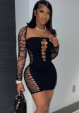 Black Square Neck Hollow Sexy Bodycon Dress