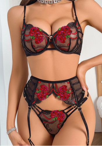 Sexy Floral Embroidery See Through Underwired Garter 3-Piece Lingerie Set