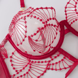 Embroidered Sheer Lace Bra & Panty Steel Ring 3-Piece Set