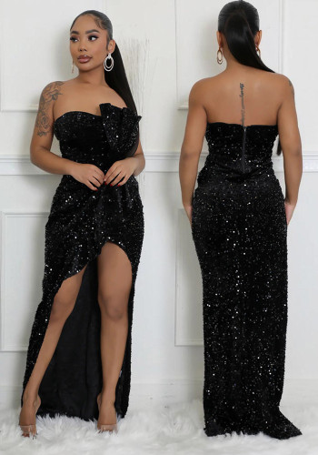 Sequined Sexy Strapless Irregular Evening Dress
