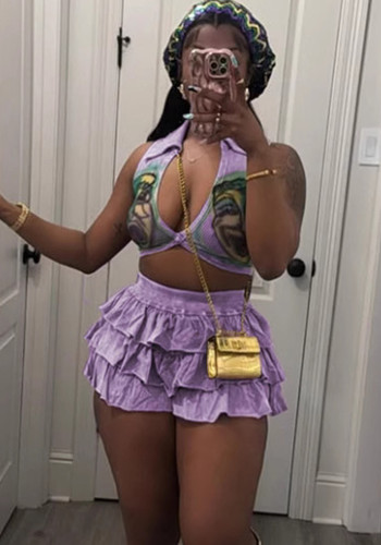 Fashion Sexy Turndown Collar Ribbed Print Crop Top and Layered Shorts Set