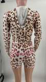 Casual Letter Print Leopard Hooded Zipper Top Shorts two-piece set