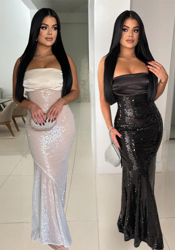 Sexy Strapless Satin Patchwork Sequin Evening Dress