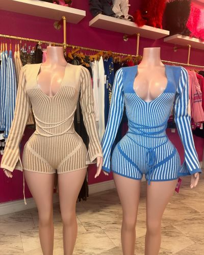 Sexy Deep-V Striped Knitting Long Sleeve Romper