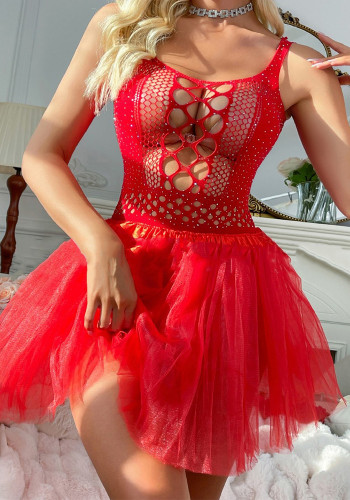 Red Sexy Lace Mesh Lingerie Skirt set