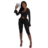 Sexy Solid Hollow See Through Lace Two-Piece Shorts Set