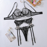 Embroidered Sheer Lace Bra & Panty Steel Ring 3-Piece Set