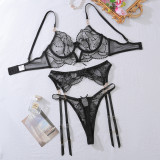 Embroidered Sheer Lace Bra & Panty Steel Ring 3-Piece Set