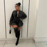 Black Ribbed Sexy Deep-V Long Sleeve Slim Waist Rompers
