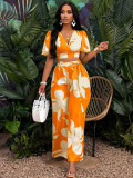 Tropical Print 2PCS Set Shirred Flutter Sleeve Crop Top and Lace-up Wide-leg Pants