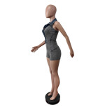 Ribbed Washed Denim Patchwork Sleeveless Halter Low Back Rompers