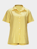 Yellow Casual Short Sleeve Turndown Collar Shirt Elastic Waist 2pcs Shorts Set