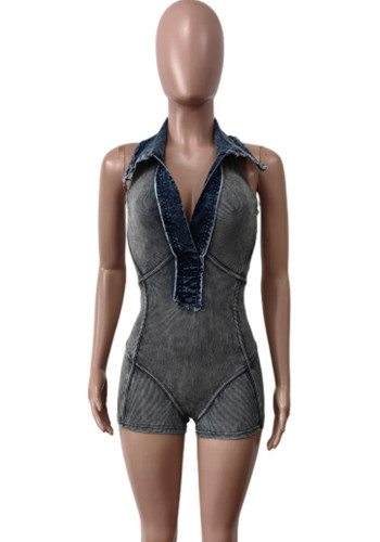 Ribbed Washed Denim Patchwork Sleeveless Halter Low Back Rompers